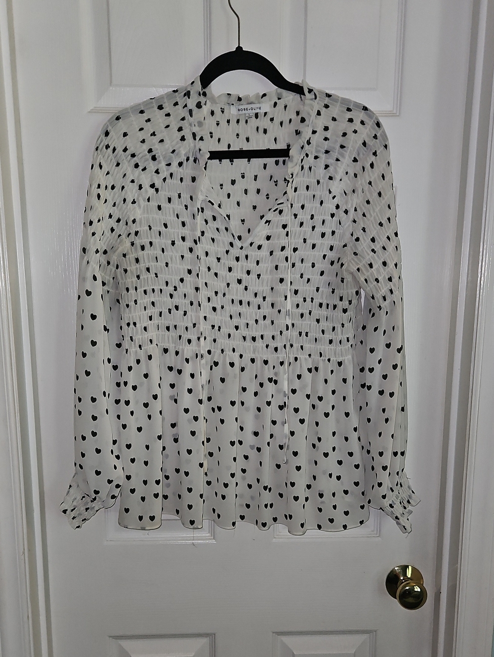 Rose & Olive Ivory/cream Blouse with Black Heart Print Babydoll Lg